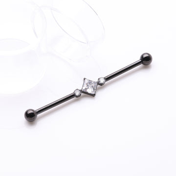 Detail View 1 of Implant Grade Titanium Blackline Diamante Sparkle Internally Threaded Industrial Barbell-Clear Gem